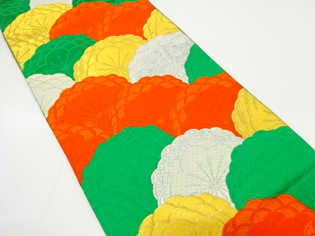 JAPANESE KIMONO / ANTIQUE FUKURO OBI / SILK / WOVEN KIKU SEIGAIHA